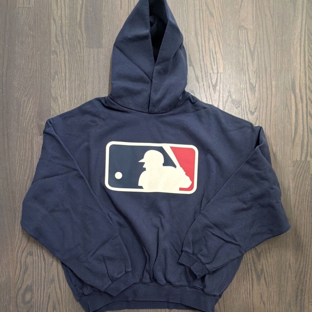 FEAR OF GOD Essentials MLB Navy Blue Logo Pullover Hoodie Fleece Cotton Large L